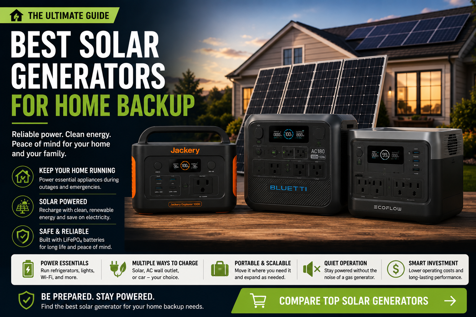 Best solar generators for home backup compared including EcoFlow, BLUETTI, Anker, and Jackery emergency battery systems