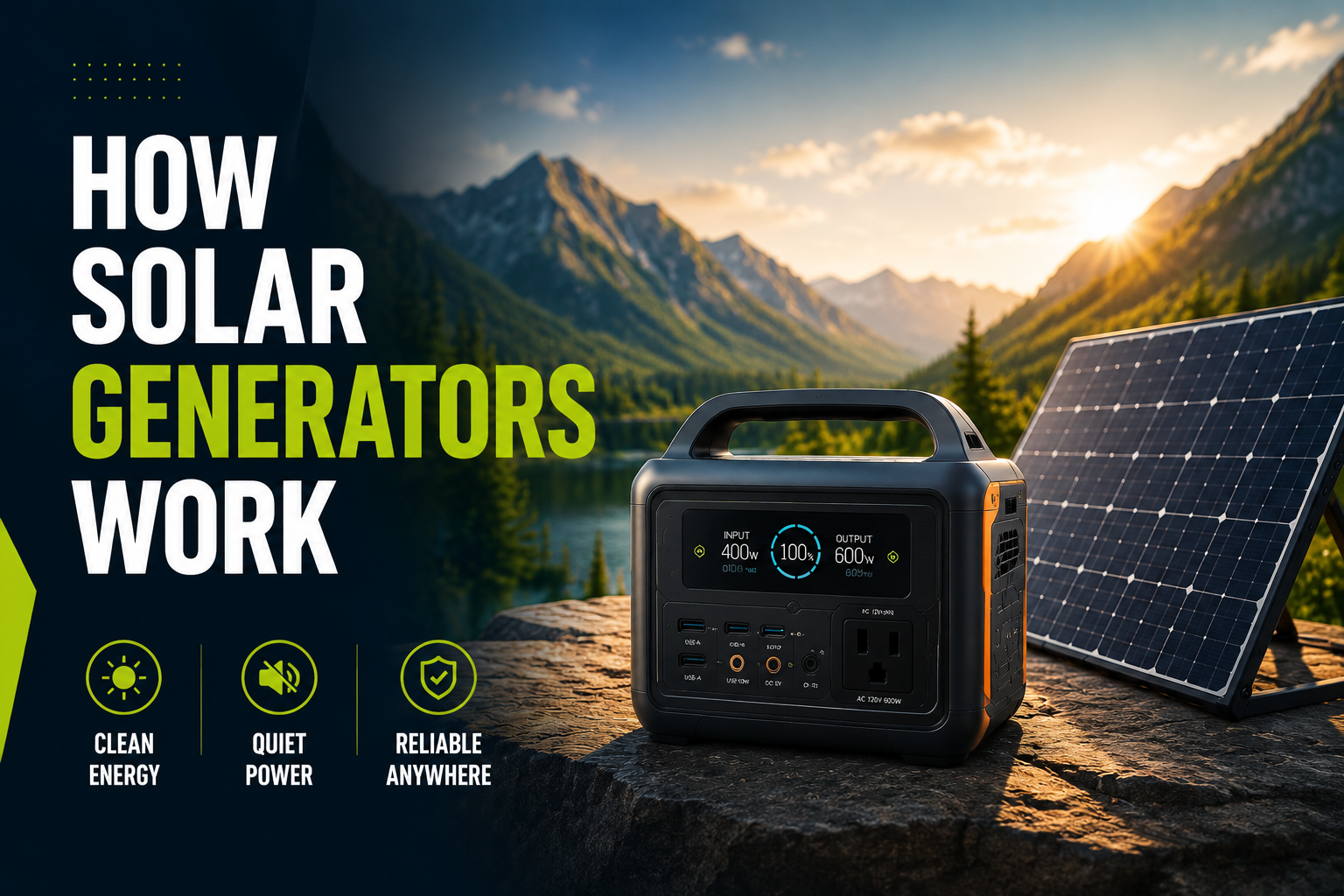 How solar generators work with solar panels, battery storage, a charge controller and an inverter