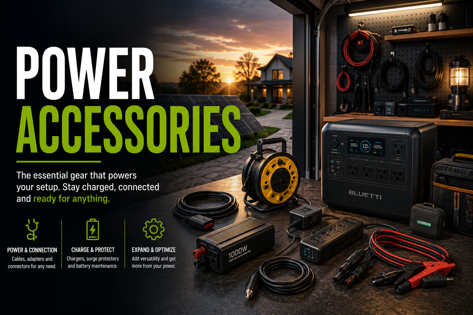 Generator accessories including cords transfer switches covers fuel cans and maintenance tools