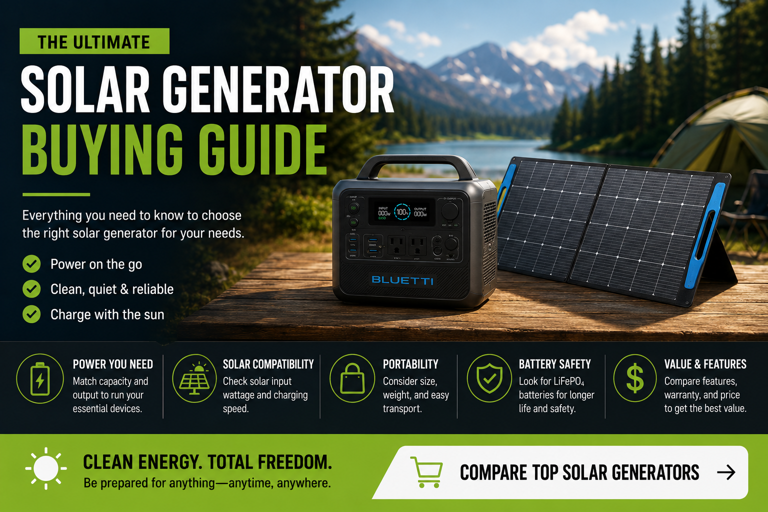 Solar generator buying guide explaining battery capacity, solar panels, inverter output, and home backup sizing