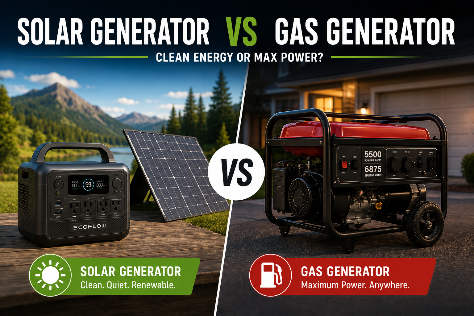 Solar generator compared with a gas generator for home backup and emergencies